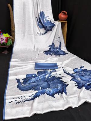 Blue printed satin saree with blouse piece 3