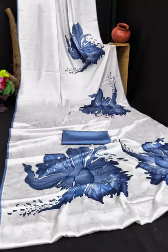 Blue printed satin saree with blouse piece