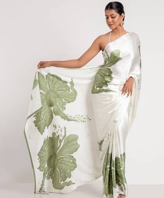 Green printed satin saree with blouse piece 1