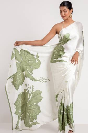 Green printed satin saree with blouse piece