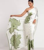 Green printed satin saree with blouse piece