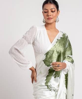 Green printed satin saree with blouse piece 2