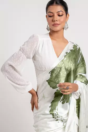 Green printed satin saree with blouse piece
