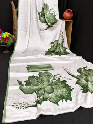 Green printed satin saree with blouse piece 3