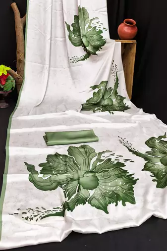 Green printed satin saree with blouse piece