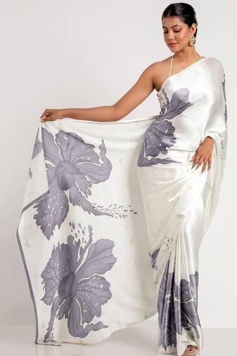 Grey printed satin saree with blouse piece