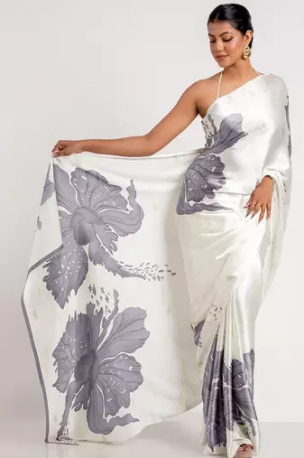 Grey printed satin saree with blouse piece