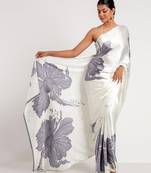 Grey printed satin saree with blouse piece