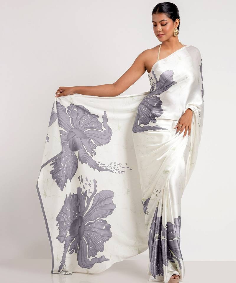 Grey printed satin saree with blouse piece
