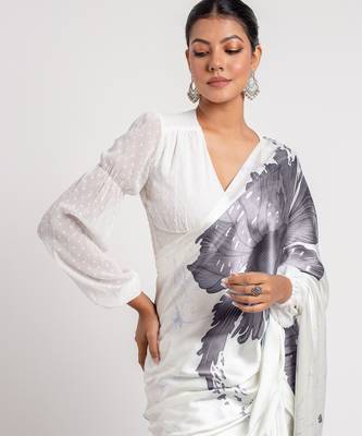 Grey printed satin saree with blouse piece 2