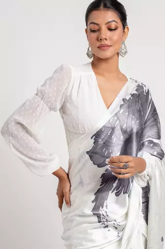 Grey printed satin saree with blouse piece