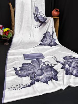Grey printed satin saree with blouse piece 3