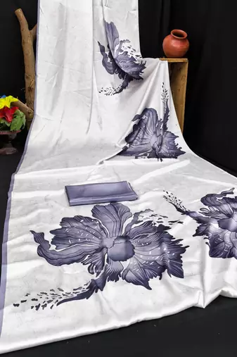 Grey printed satin saree with blouse piece