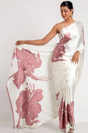 Mauve printed satin saree with blouse piece