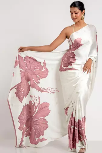 Mauve printed satin saree with blouse piece