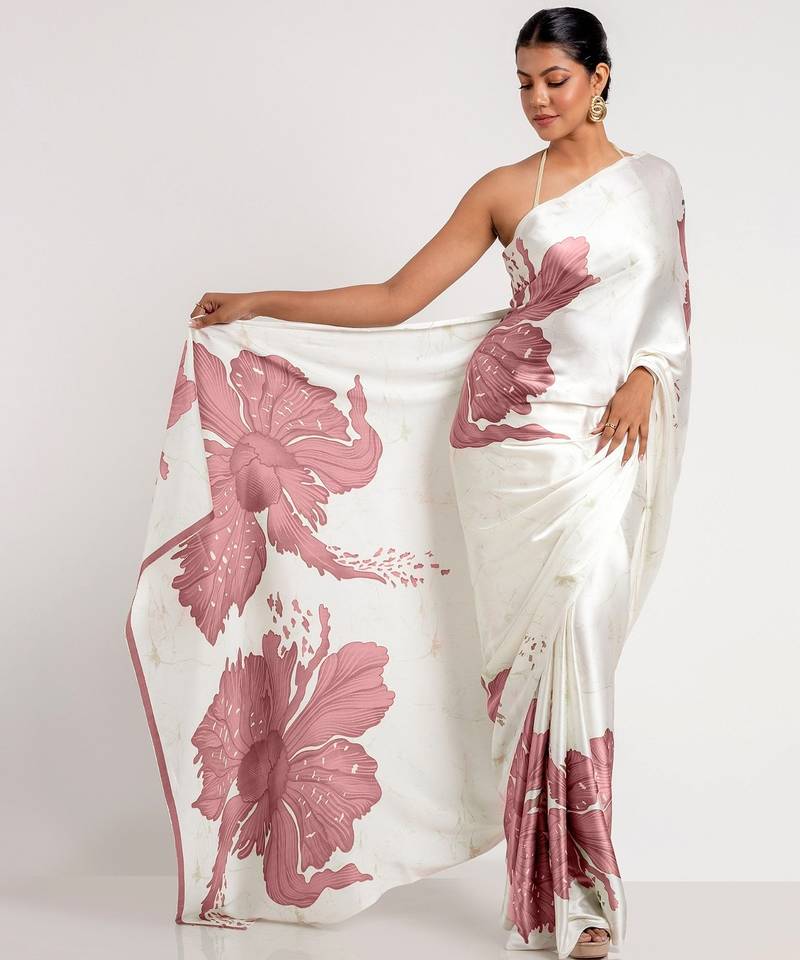 Mauve printed satin saree with blouse piece