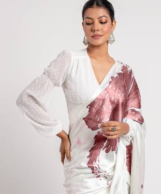Mauve printed satin saree with blouse piece 2