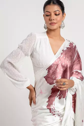 Mauve printed satin saree with blouse piece