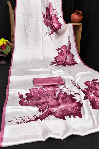 Mauve printed satin saree with blouse piece