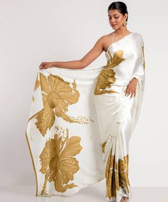 Mustard printed satin saree with blouse piece 1