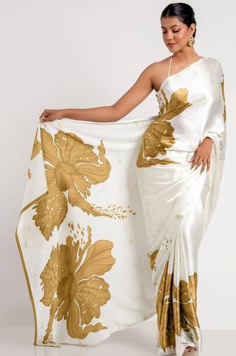 Mustard printed satin saree with blouse piece