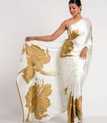 Mustard printed satin saree with blouse piece