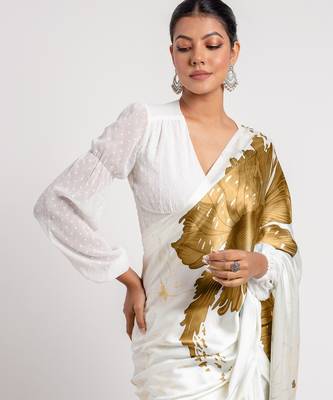 Mustard printed satin saree with blouse piece 2