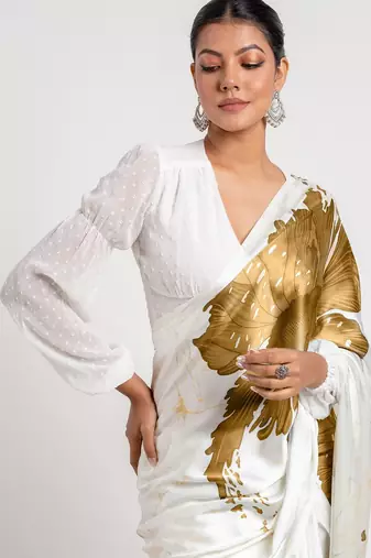 Mustard printed satin saree with blouse piece