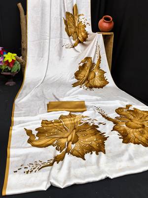 Mustard printed satin saree with blouse piece 3