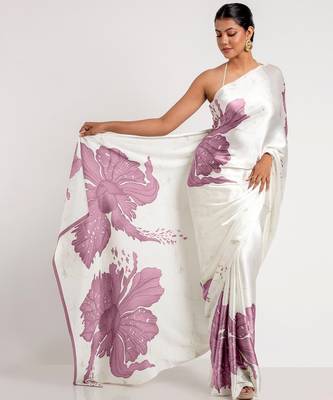 Purple printed satin saree with blouse piece 1