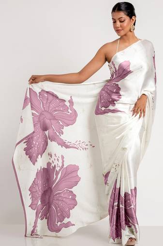 Purple printed satin saree with blouse piece