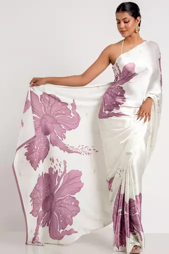 Purple printed satin saree with blouse piece