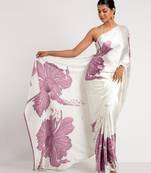Purple printed satin saree with blouse piece