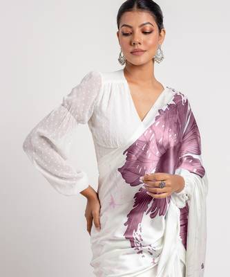 Purple printed satin saree with blouse piece 2