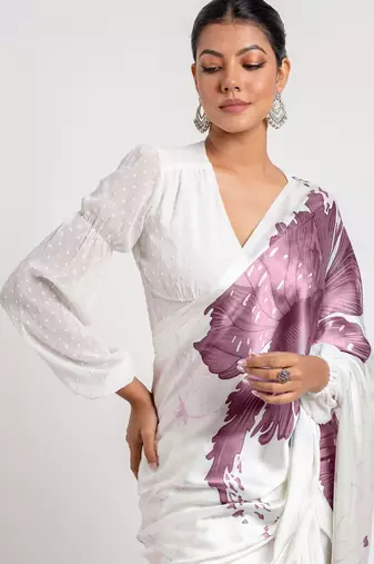 Purple printed satin saree with blouse piece