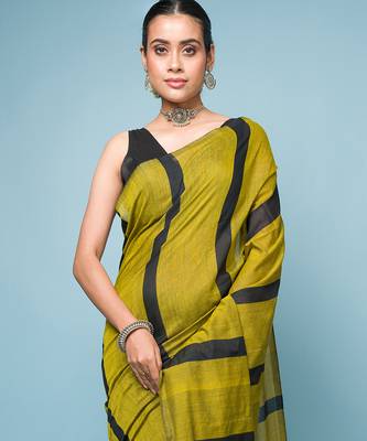Green and Black Broad Striped Cotton Handloom Saree 1