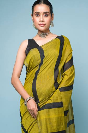 Green and Black Broad Striped Cotton Handloom Saree