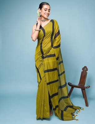 Green and Black Broad Striped Cotton Handloom Saree 2