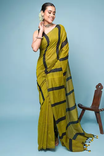 Green and Black Broad Striped Cotton Handloom Saree
