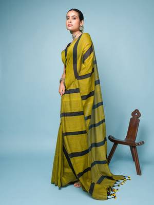 Green and Black Broad Striped Cotton Handloom Saree 3