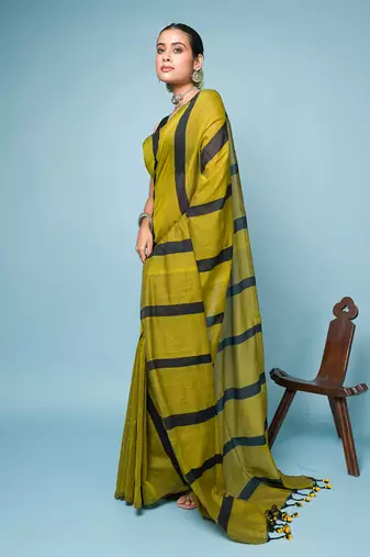 Green and Black Broad Striped Cotton Handloom Saree