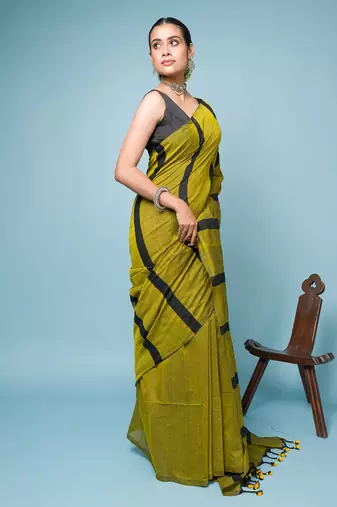 Green and Black Broad Striped Cotton Handloom Saree
