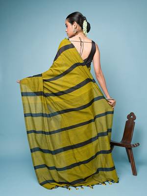 Green and Black Broad Striped Cotton Handloom Saree 5