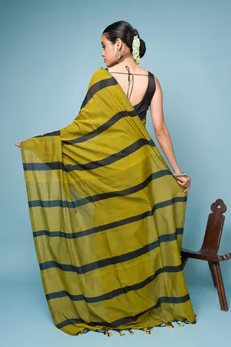 Green and Black Broad Striped Cotton Handloom Saree