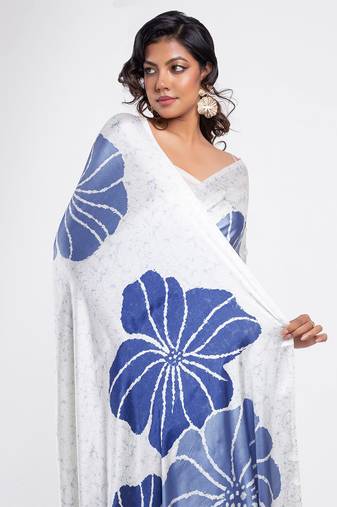 White printed satin saree with blouse piece