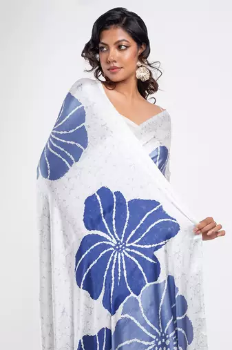 White printed satin saree with blouse piece