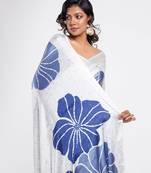 White printed satin saree with blouse piece
