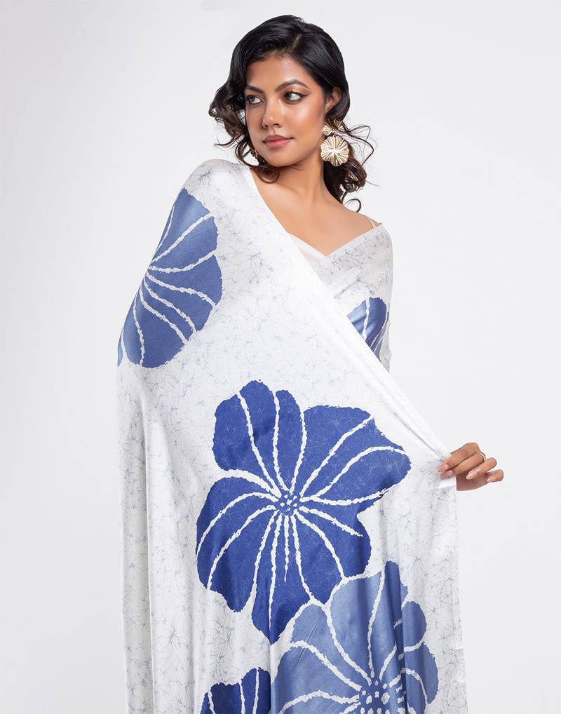 White printed satin saree with blouse piece