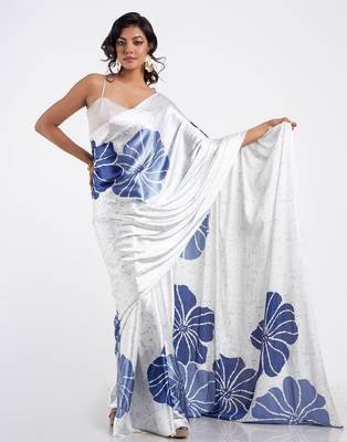 White printed satin saree with blouse piece 2