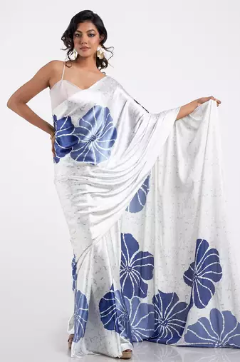 White printed satin saree with blouse piece